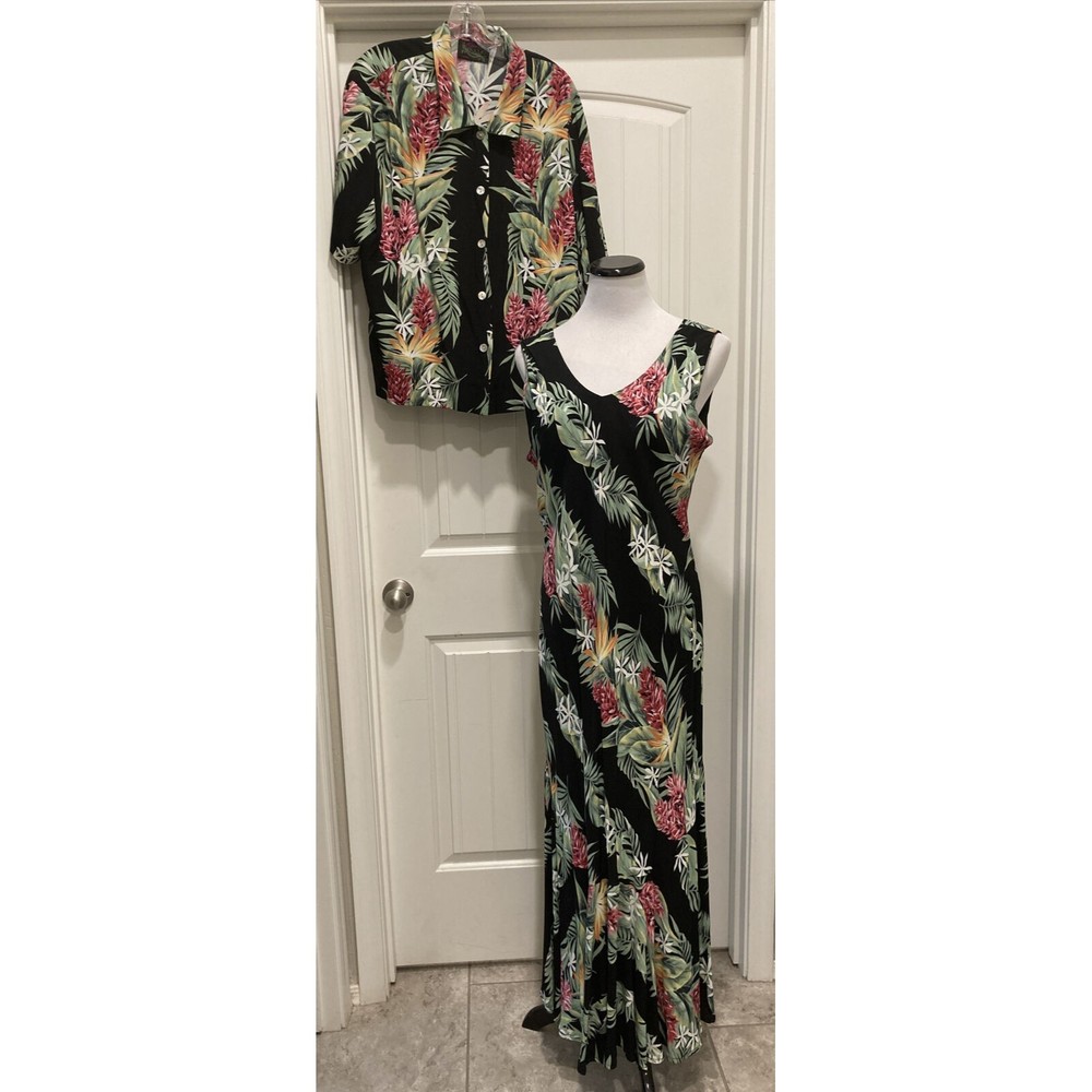 2 Piece Kaua'iana Hawaii Maxi Dress w Shirt/Jacket SZ 12 Black Background Floral